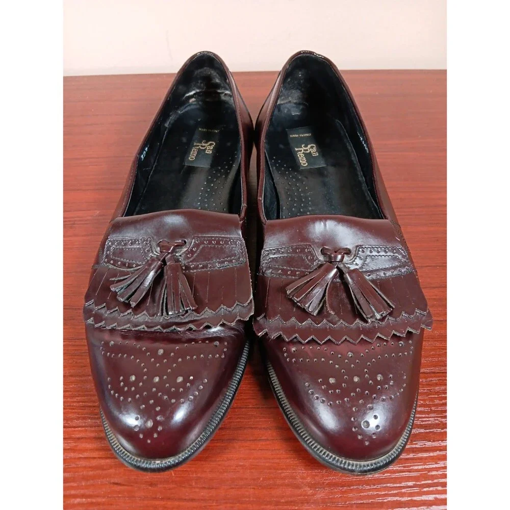 San Remo Leather Kiltie Tassel Loafers Size 9.5 Burgundy Wingtip Made in Italy